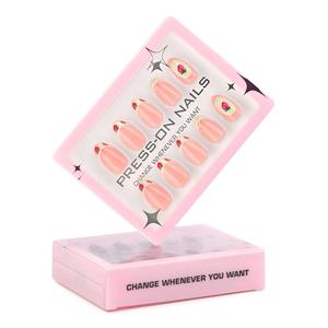 30-piece box of French press-on nails with almond shape and strawberry floral patterns