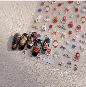 Macro view of 3D embossed Alice in Wonderland theme nail art stickers on matte faux nails