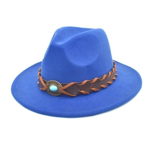 Detail of blue wool fedora with woven leather band and turquoise stone accessory