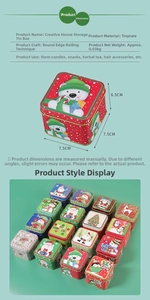 Detailed view of square Christmas tin boxes with various festive patterns and measurements