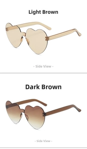 Detail side view of heart-shaped rimless sunglasses in light tea and gradient tea colors
