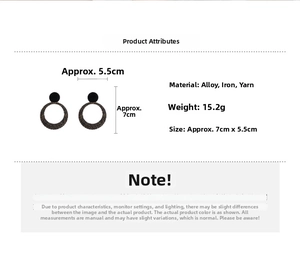 Detail view of round flocked earrings with texture, material specs, and size dimensions