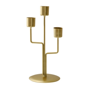 Modern gold three-arm metal candle holder with round base for dinner table decor