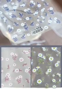 Macro detail of TS-606 ultra-thin nail stickers with vivid blue and red floral patterns