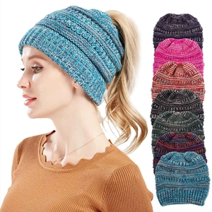 Women's multi-color knitted ponytail beanies in various mixed colors for winter warmth