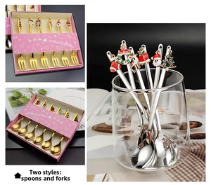 Detail of Christmas 304 stainless steel dessert spoon and fork set with enamel pendants