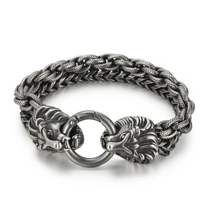 Retro lion head woven double-layer stainless steel bracelet in antique silver finish