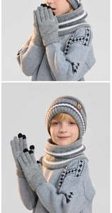 Detailed knit texture of kids winter set including beanie, scarf and gloves in grey