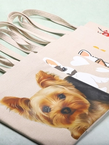 Minimalist canvas tote bag featuring a cute Yorkshire Terrier dog print and soft textures