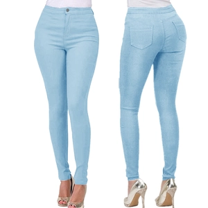 Front and back view of light blue high waisted skinny jeans showing slimming stretch fit