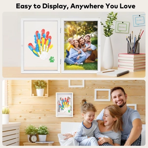 Foldable wooden picture frame showing colorful family handprints and lifestyle photos