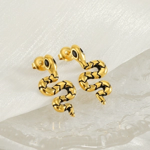 Boucles D'oreilles Serpent En Acier Inoxydable Plqué Or Motif Émail Noir Zodiaque Animal Bijoux Chic Punk Femmes