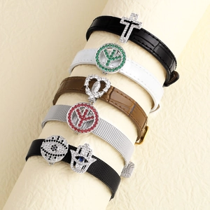 Mesh Stainless Steel And Leather Bracelet With Zircon Cross Evil Eye Hamsa Peace Sign Charms Fashion Religious Jewelry Unisex