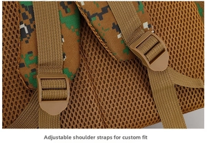 Detail of camouflaged tactical backpack with adjustable shoulder straps and breathable mesh back