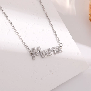 Silver Mama letter necklace with zircon pendant on white stone for Mother's Day gift