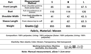 Size chart for double-breasted wool jacket with measurements and fabric details