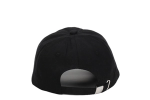 Detail of adjustable metal buckle and strap on back of black cotton baseball cap