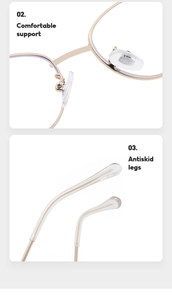 Detail of soft silicone nose pads and anti-slip temple tips on gold metal cat-eye frames