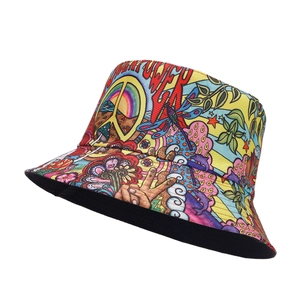 Double-sided reversible bucket hat with colorful graffiti psychedelic mushroom prints