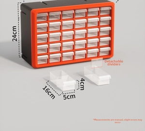 Macro detail of a 30-drawer organizer with removable dividers and clear storage bins