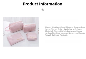 Detailed set of four pink velvet makeup bags with elegant gold embroidery on marble