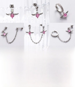 Detailed views of titanium steel pink zircon heart earrings with wings and chain