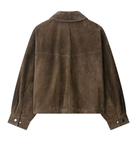 Detailed back view of brown suede bomber jacket with shoulder stitching and collar