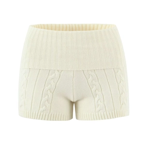Women's cream white cable knit high waist shorts with ribbed waistband and soft texture