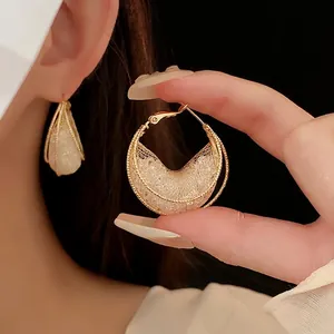 Geometric Hollow Metallic Mesh Hoop Earrings With Copper And Silver Earring Post And Crystal Inlay Gold Plated Elegant