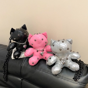 Punk style teddy bear crossbody bags with metal studs and chain necklaces in black pink silver