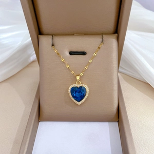 Heart Pendant Necklace With Stainless Steel Chain Copper Micro Inset Blue Gemstone Rhinestone Clavicle Chain Luxury