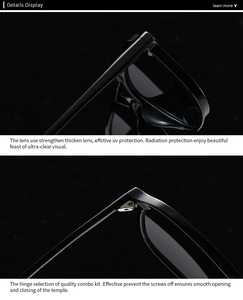 Detail of square double-bridge sunglasses showing reinforced hinges and UV400 lenses