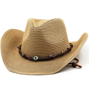 Western Cowboy Hat Woven Paper Straw With Evil Eye Charm Metal Beads Braided Band Outdoor Sun Protection Travel Cap