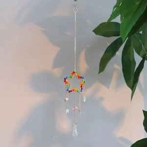 Detail of star crystal suncatcher with rainbow beads and multifaceted prism pendant