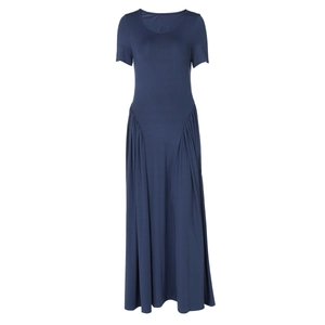 Detailed view of dark blue short sleeve U-neck dress with ruched waist and modal texture