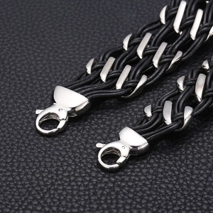 Men's double-layer braided black leather bracelet with silver stainless steel lobster clasp