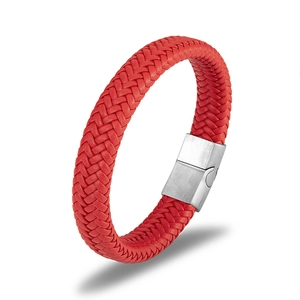 Braided red leather bracelet for men with polished stainless steel magnetic buckle clasp