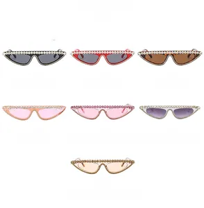 Detail showing seven color variants of luxury rhinestone studded cat-eye sunglasses
