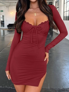 Y2K burgundy long sleeve bodycon dress with lace patchwork and side slit detailing