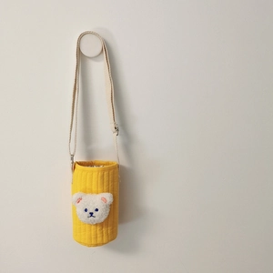 Quilted yellow water bottle bag with cute plush bear embroidery and adjustable strap