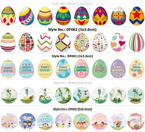 Close-up of assorted holiday stickers including Easter eggs and festive cartoon designs