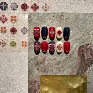Japanese style bohemian nail stickers with retro geometric patterns and floral embroidery art