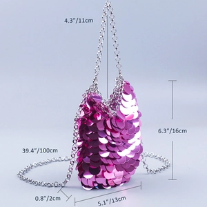 Detailed size chart for pink sequin mini bag showing dimensions and strap length