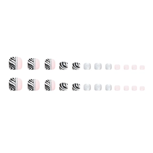Zebra pattern and pink glitter press-on toe nails set with 24 pieces for women