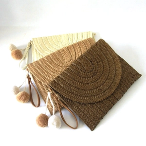 Summer Woven Paper Straw Envelope Clutch Bag With Removable Shoulder Strap Wristlet Two Pompoms Vacation Boho For Women