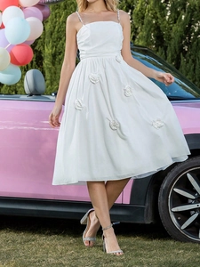 White French style backless camisole dress with 3D floral accents for elegant parties