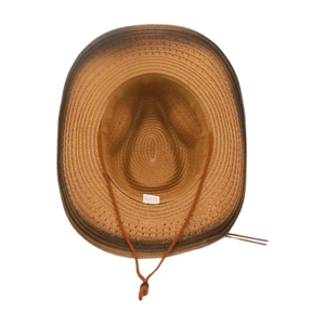 Detail view of woven straw hat interior featuring sweatband and adjustable chin strap
