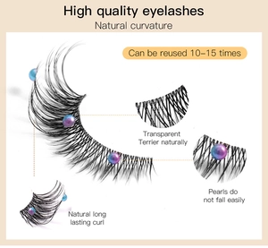 Detail view of 5 pairs cat-eye false eyelashes with pearls and transparent bands