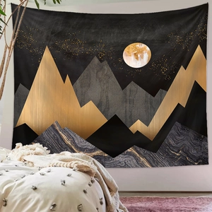 Close-up of abstract mountain landscape tapestry with geometric moon and stars