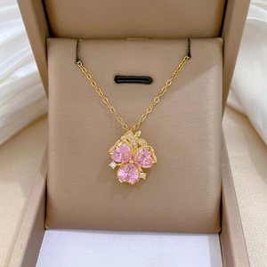 Three Petal Pink Heart Zircon Flower Pendant Necklace Titanium Steel Copper Micro Inlaid Elegant Jewelry For Women